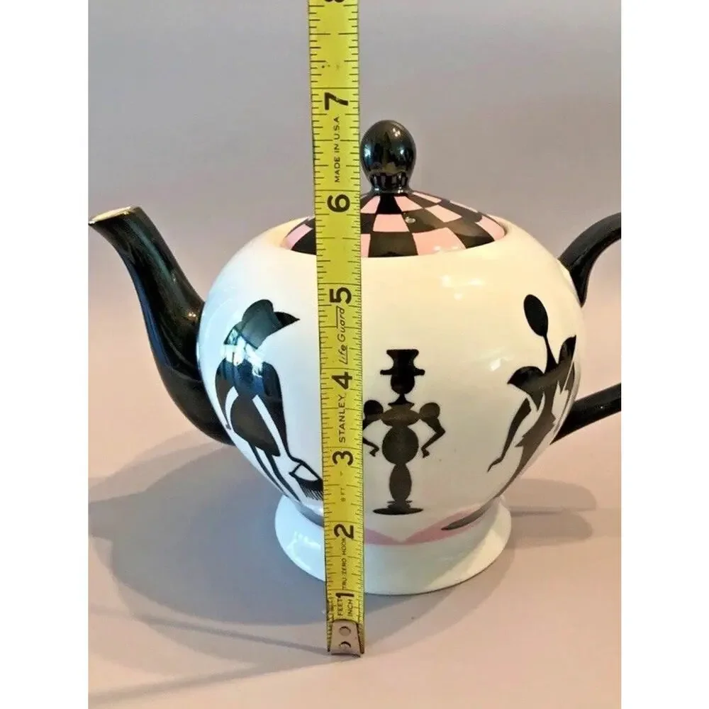 Nordstrom Rubin Toledo Checker Ceramic Teapot Silhouettes Art Nouveau Pink White